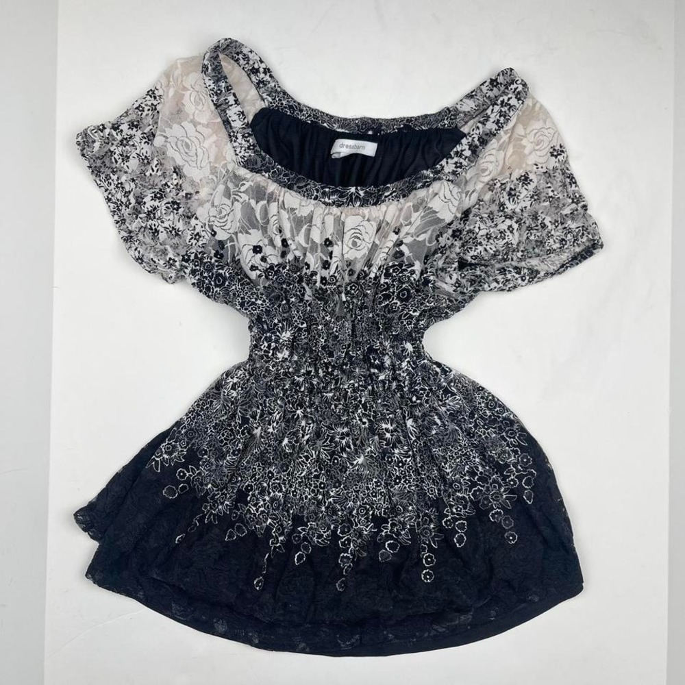 Y2K Gothic Romantic Babydoll‎ Top in Black Women's Large Floral Lace Coquette